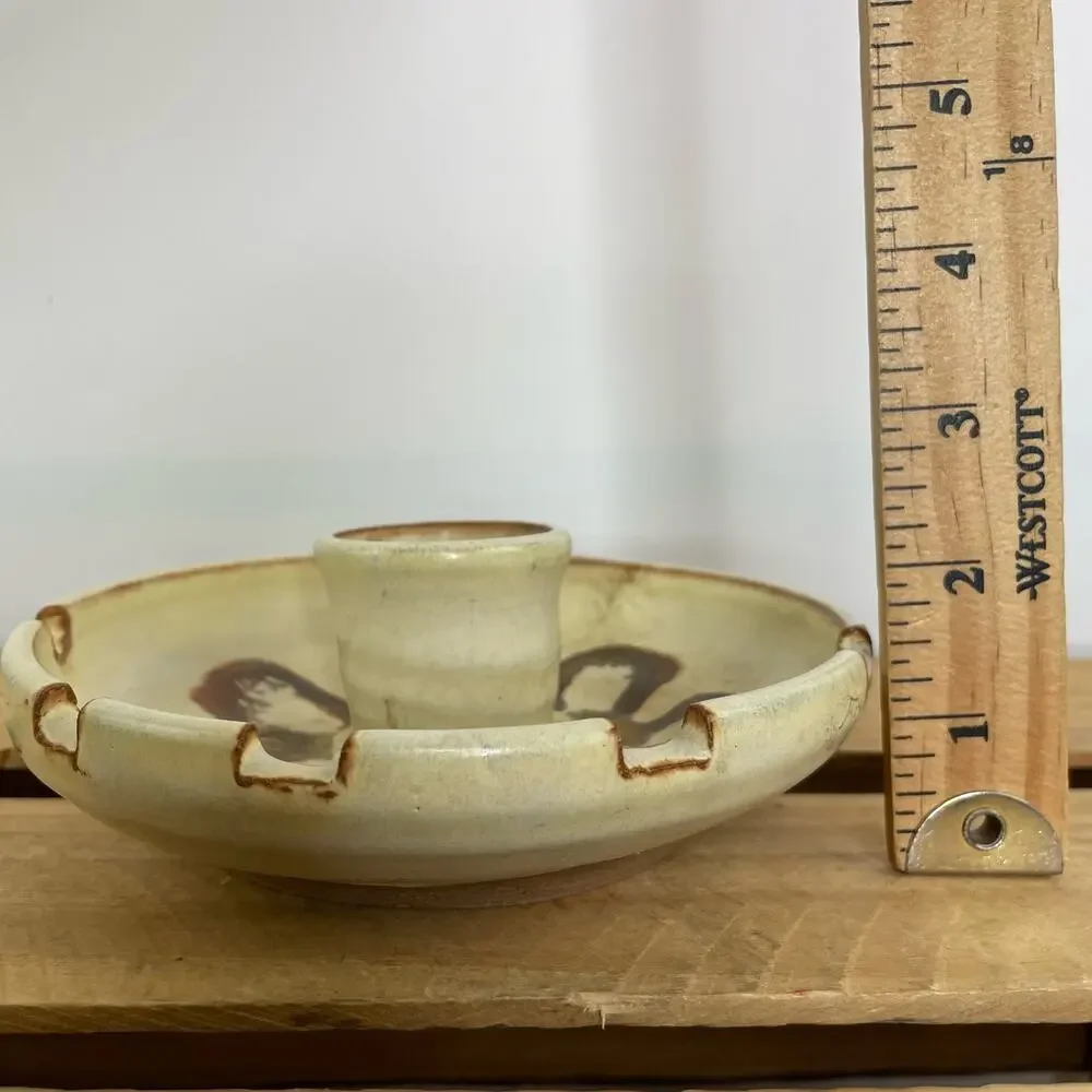 Vintage Farmhouse Pottery Candlestick Holder Ashtray Signed by artist